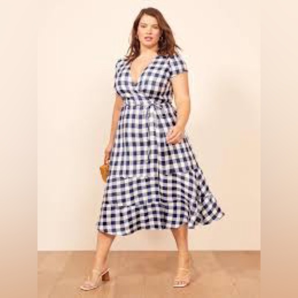 Reformation Navy and White Gingham Midi Dress